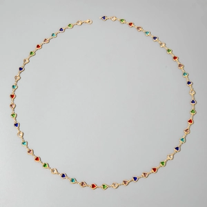 Elegant multi-layered Y-shaped necklace with colorful heart crystals and imitation pearls