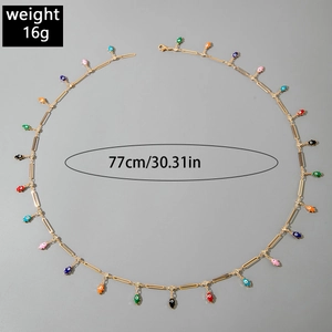 77cm gold layered Y-necklace detail with colorful enamel evil eye charms and pearl beads