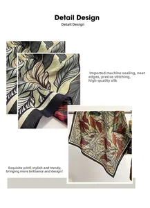 Detail showing high-quality machine-stitched edges on a leaf print silk scarf