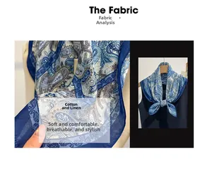 Close-up of blue paisley cotton-linen scarf fabric texture and model styling
