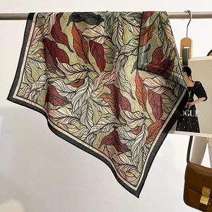 Lightweight silk neck scarf with retro leaf print in olive green and burgundy colors