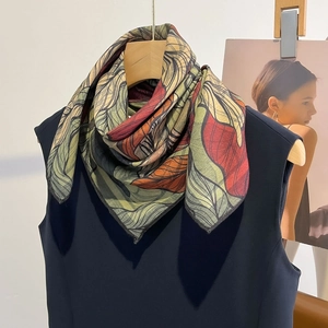 Vintage leaf print square scarf in deep green and orange silk-like fabric style
