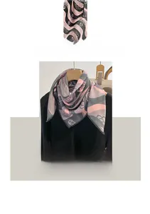 Detail of cotton linen scarf featuring elegant rose prints and wavy texture patterns
