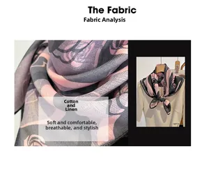 Close-up of pink camellia floral print on soft cotton linen scarf with twill texture