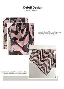 Detail view of pink rose pattern scarf with premium stitched edges and silk texture