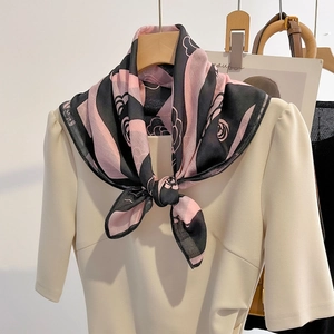 Women Elegant Square Scarf Rose Floral Print Polyester With Cotton Linen Feel Versatile Necktie Head Wrap Accessory