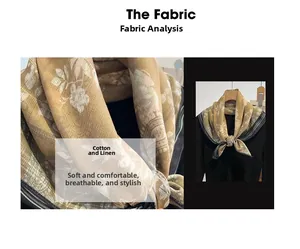 Detail of vintage khaki floral scarf showing diagonal twill texture and cotton linen fabric