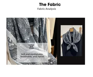 Détail d'un foulard en coton et lin à motif paisley bleu montrant la texture du tissu