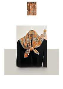 Detail view of cotton-linen square scarf with vintage paisley pattern and styling guide