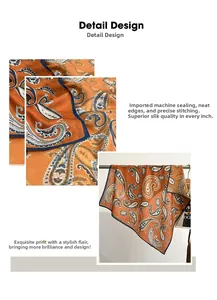 Detail design showing paisley pattern on silk scarf with machine-stitched edges