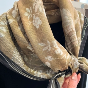 Brown floral silk scarf with herringbone texture and white flowers for women