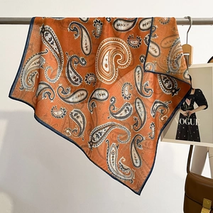 Classic paisley pattern cotton linen square scarf in vintage orange with navy blue border