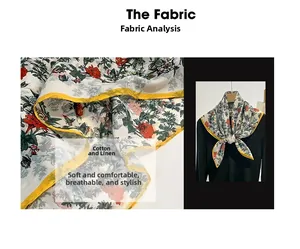 Detailed macro view of cotton linen floral scarf fabric with red flowers and yellow borders