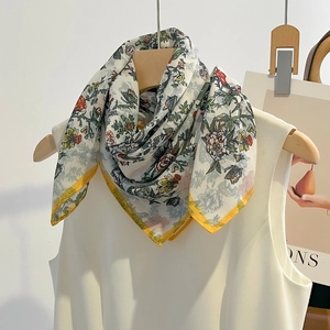 Floral square silk scarf with butterfly print and yellow rolled edges for women