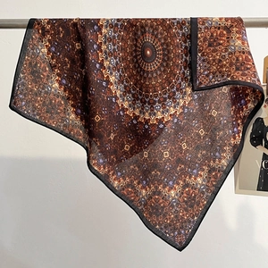 Bohemian mandala pattern square silk scarf in caramel and purple for fashion women
