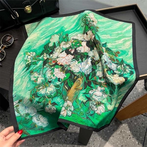 100% mulberry silk scarf with Monet green floral oil painting print in large square size