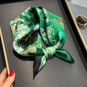 Mulberry Satin Square Scarf Elegant Oil Painting Floral Print Neck Wrap For Women Fashion Accessory Lightweight Satin