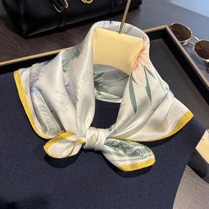 Floral print 100% mulberry silk scarf with yellow border for women in elegant light green