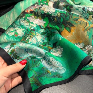 Monet oil painting style green 100% mulberry silk scarf with floral patterns and silk luster