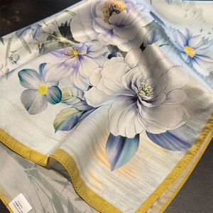 53cm square 100% mulberry silk scarf with light blue floral print and yellow borders