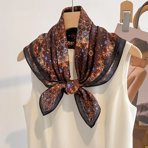 Elegant 68cm square silk scarf with vintage brown geometric patterns on a white top