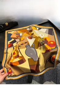 Detailed close-up of retro abstract print silk scarf with artistic fruit motifs