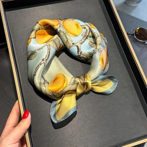 Pure Mulberry Satin Square Scarf For Women Retro Chinese Style Persimmon Bird Print Elegant Neck Neckerchief