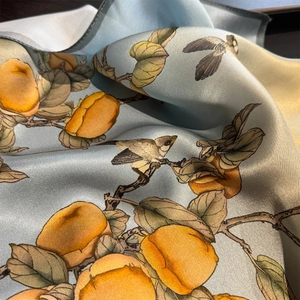 Elegant 100% silk square scarf featuring traditional floral bird and persimmon patterns