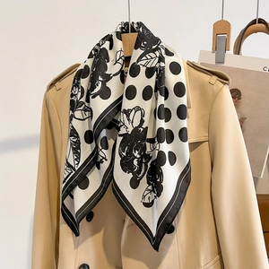 Elegant black and white polka dot silk scarf with floral rose print for women