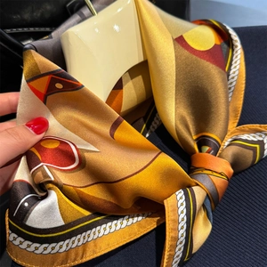 Elegant silk-feel square scarf with geometric nautical rope print in ginger and brown tones