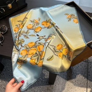 Elegant 100% pure mulberry silk square scarf with floral bird pattern in light blue