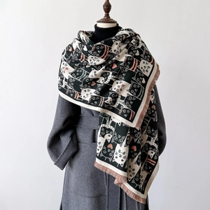 Écharpe Femme Motif Chat Faux Cachemire Châle Chaud Épais Avec Franges Tour De Cou Doux Hiver