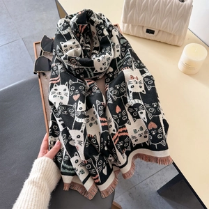 Écharpe d'hiver avec motifs de chat artistiques et franges pour femmes
