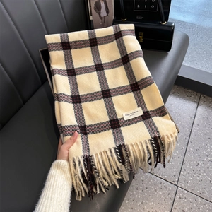 Classic beige plaid scarf with black and red check patterns and soft fringe tassels