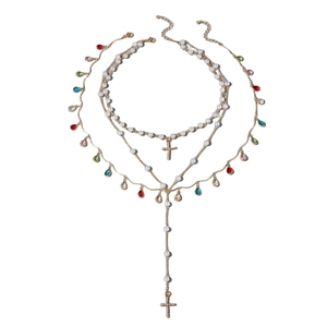 Multilayer gold necklace set with colorful crystal charms and elegant faux pearls
