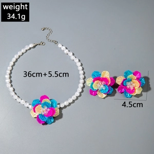 Detail showing colorful floral jewelry set dimensions with resin pearl necklace and earrings