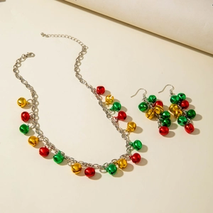 Parure de bijoux de Noël avec collier à cloches festives rouge vert jaune et boucles