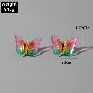 Detail view of colorful gradient butterfly earrings with rhinestone body and size measurements