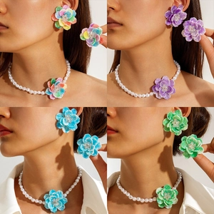Flower Artificial Pearl Necklace And Earrings Resin 3D Floral Jewelry Sweet Dopamine Style Summer Vacation Accessory For Women