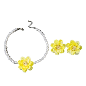 Sweet yellow flower jewelry set with white resin pearl necklace and matching stud earrings
