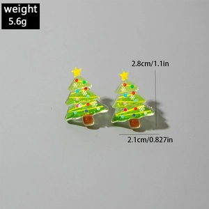 Detailed view of green resin Christmas tree earrings with glitter and size measurements