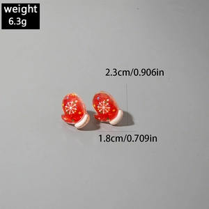 Detail showing dimensions of red glitter resin Christmas mitten earrings with snowflake
