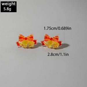 Detail view of colorful bow-shaped earrings with measurements and weight specifications