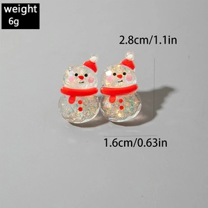 Detailed size view of resin snowman earrings featuring red scarf and glitter