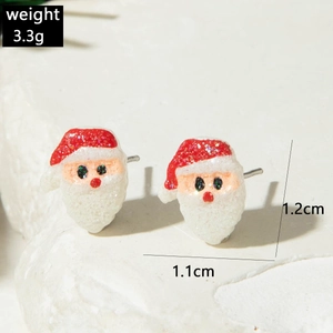 Detail view of festive Santa Claus stud earrings with red glitter and product dimensions