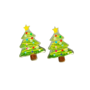 Festive Christmas tree stud earrings with green glitter and colorful star patterns