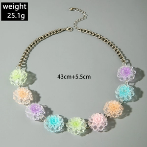 Macro shot of 25.1g colorful resin flower necklace with silver metal chain and lobster clasp