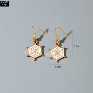 Spider web dangle earrings in gold and white enamel with weight and size dimensions