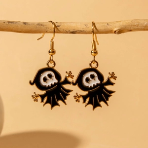 Ghost skull earrings with golden hooks and black enamel details for Halloween events