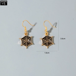 Detailed view of golden spider web earrings with black oil drop and size measurements
